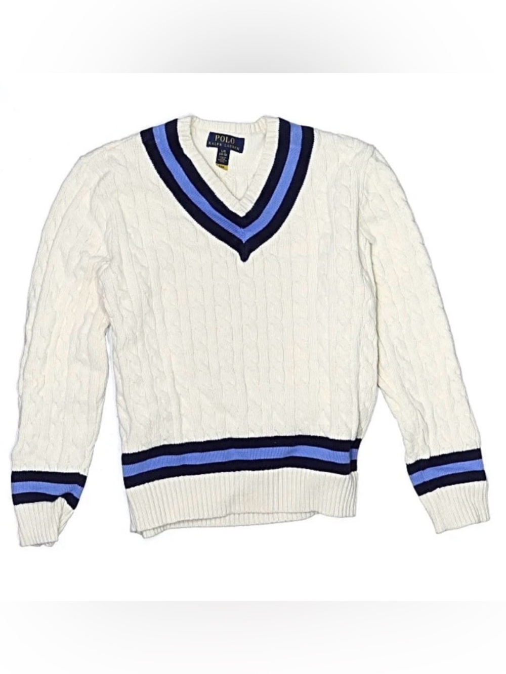 POLO RALPH LAUREN WHITE BLUE CRICKET VARSITY V-NECK SWEATER SIZE L 14-16